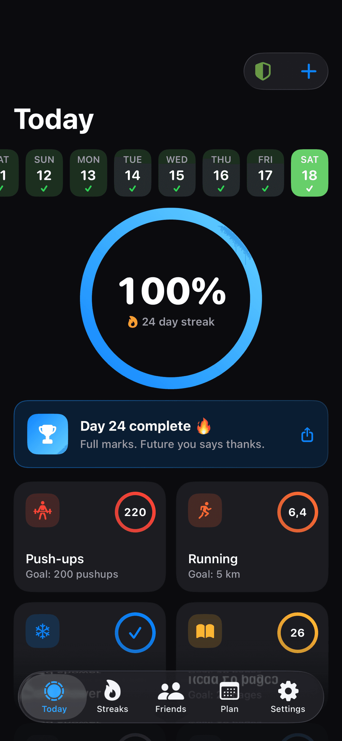Outwork Today screen showing 100% daily completion