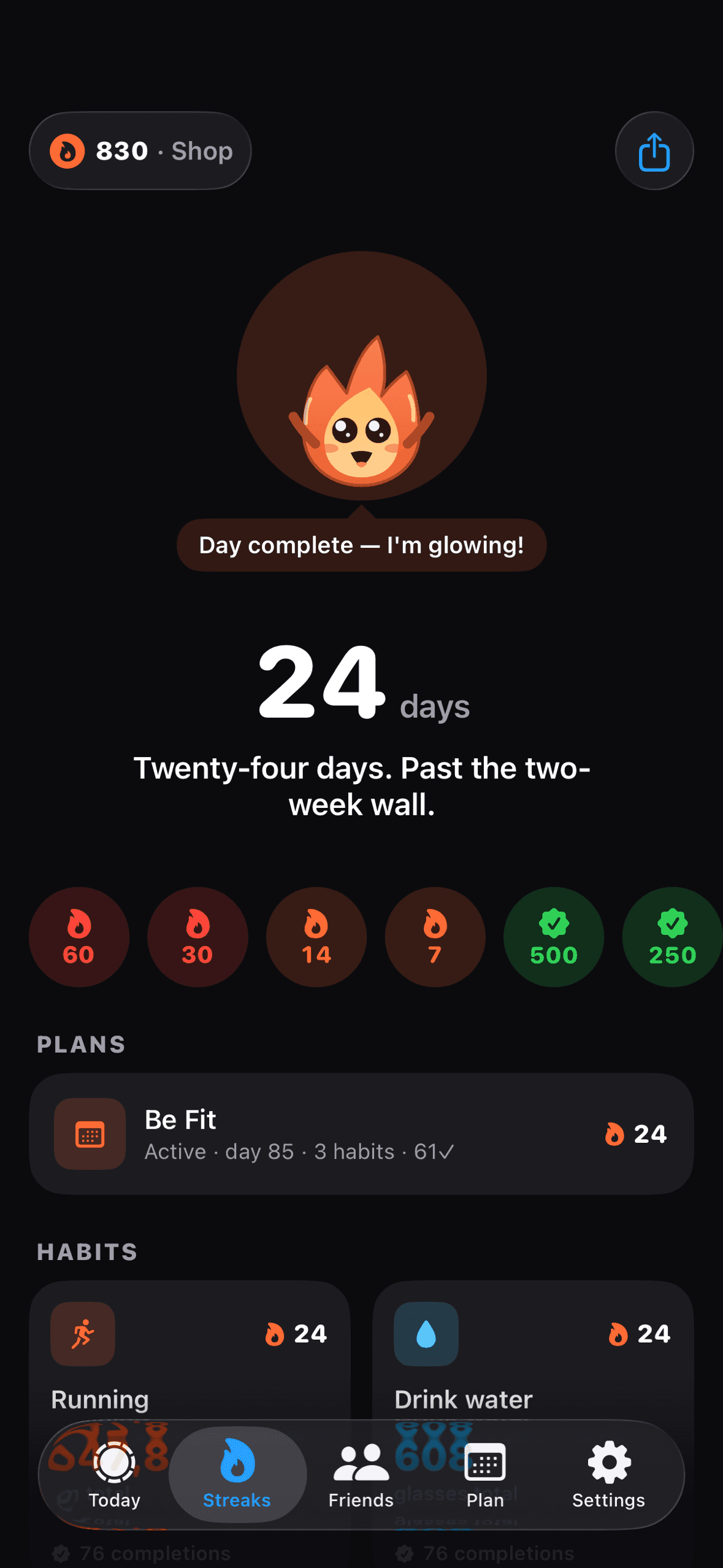 Outwork Streaks overview with current streak, longest streak, and plan progress