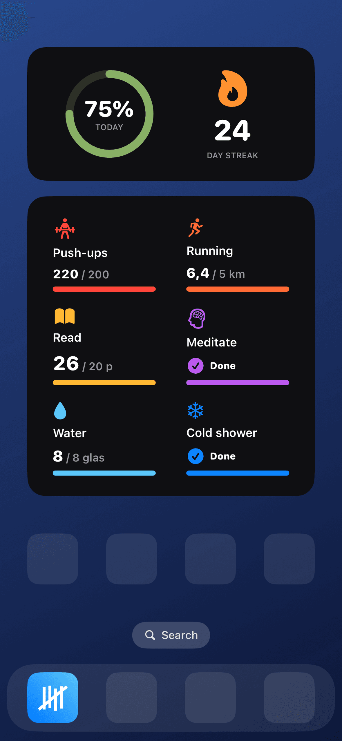 Outwork widgets on the home screen: today's ring, streak, and habit tiles