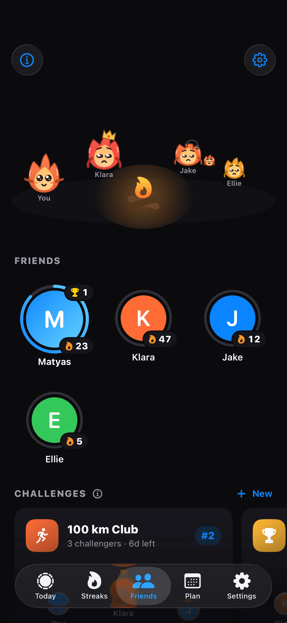 Outwork Friends tab showing a friend's streak, shared habits, and daily completion