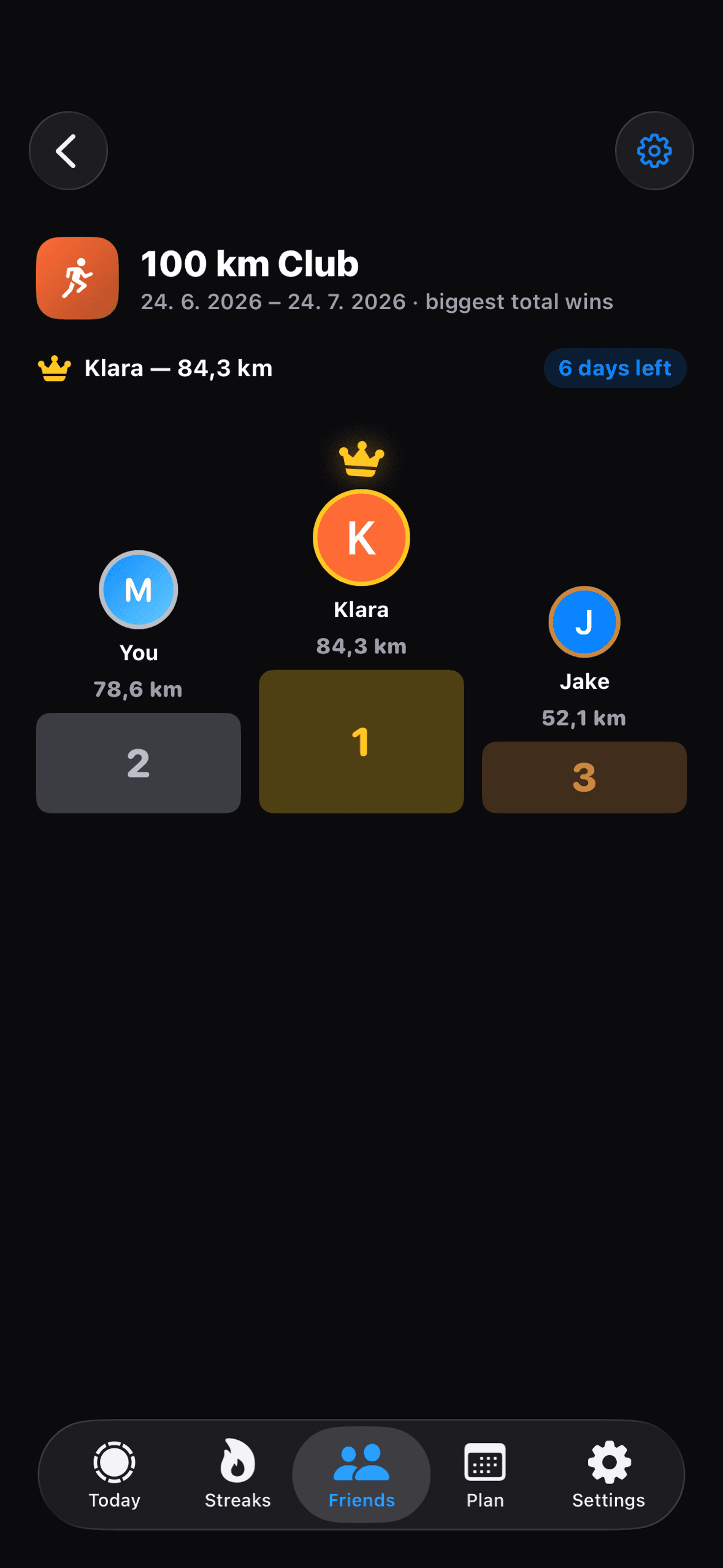Outwork challenge leaderboard ranking friends by total distance