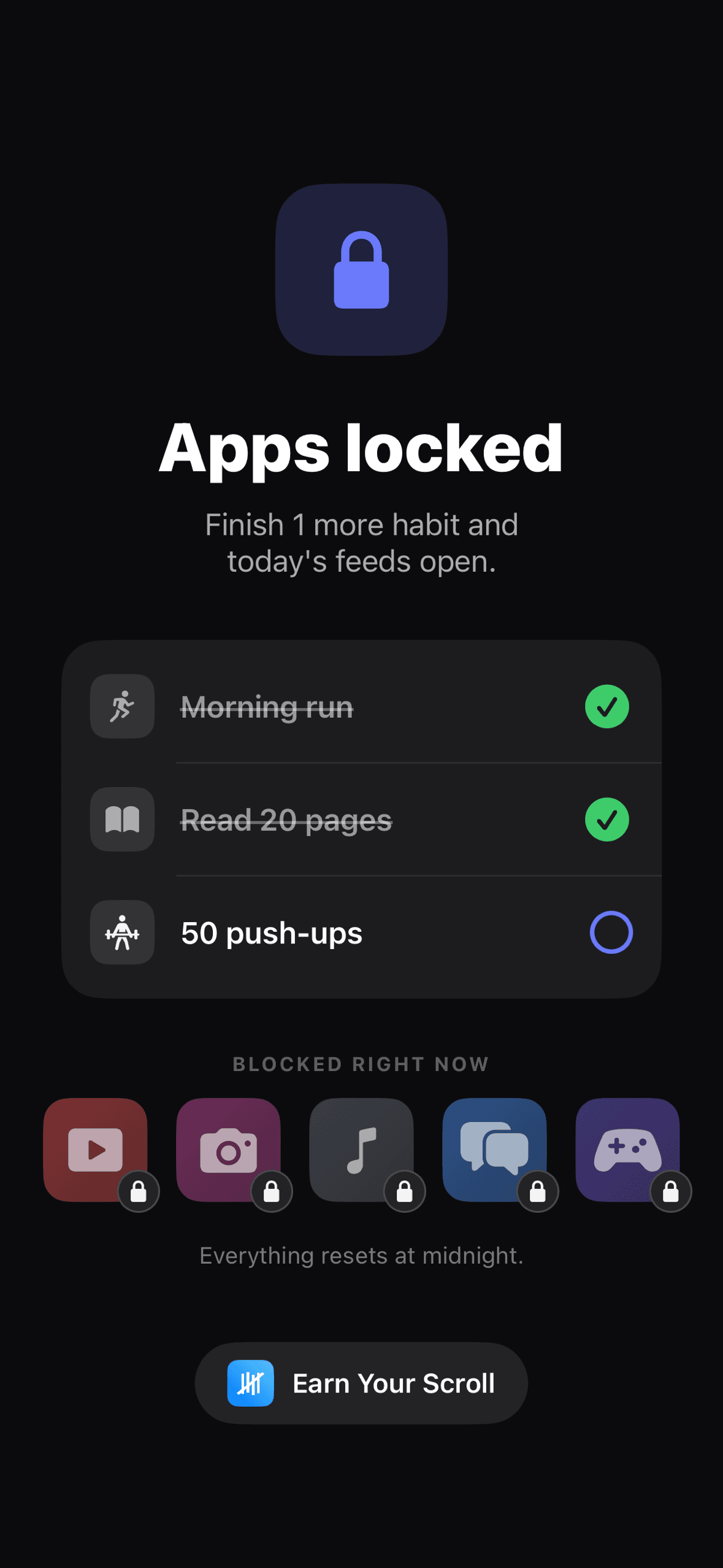Apps locked until today's habits are done — one habit to go