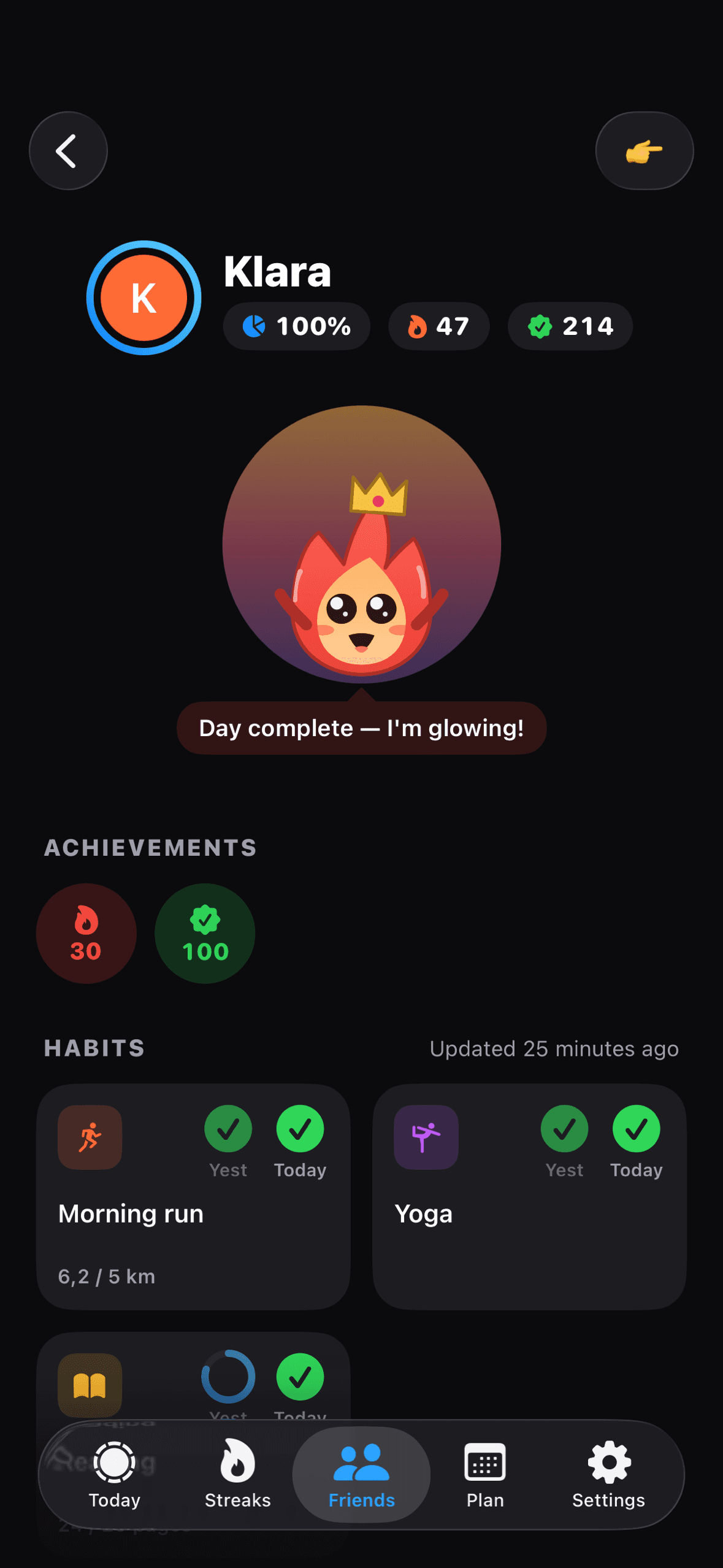 A friend's profile: their Flamie, streak, shared habits, and daily completion