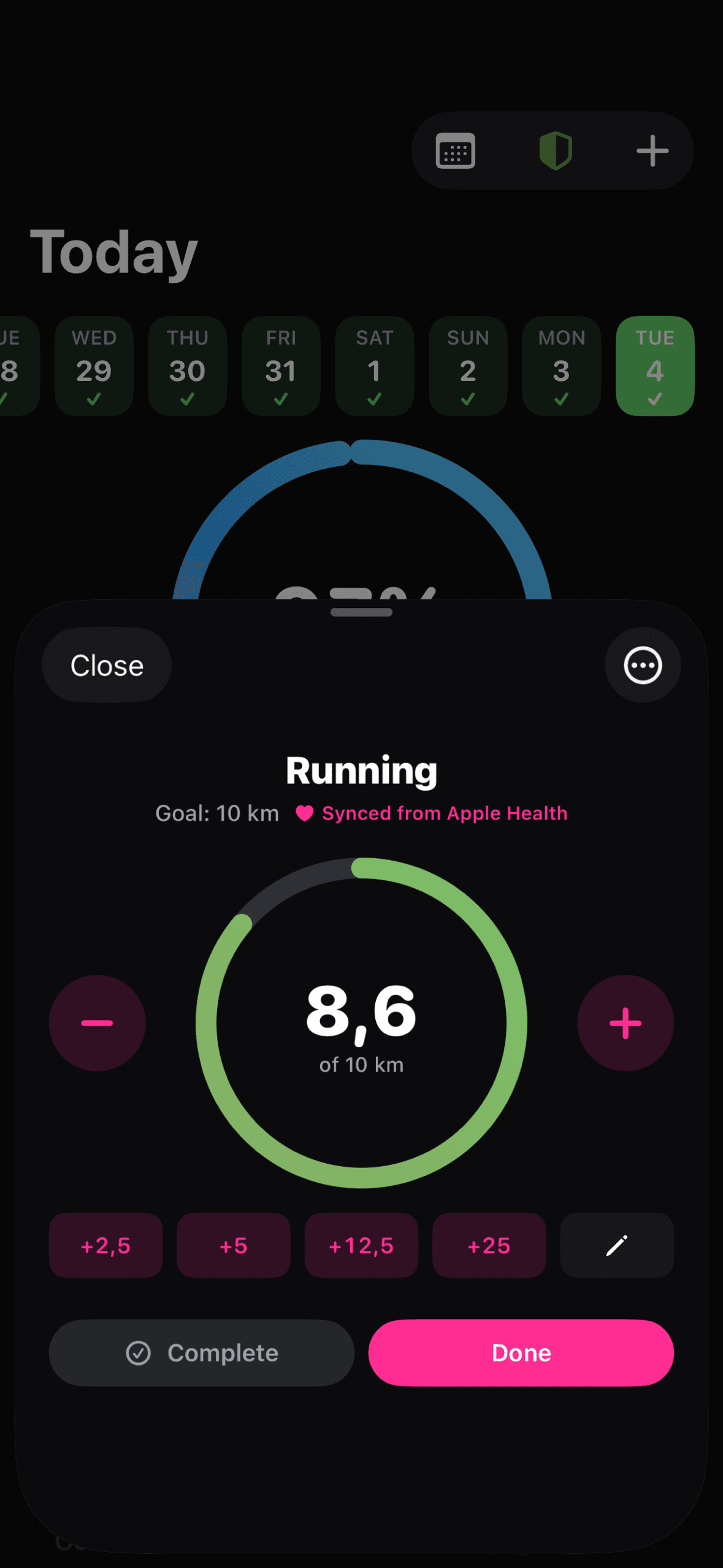 A running habit synced from Apple Health — 8.6 of 10 km filled in automatically
