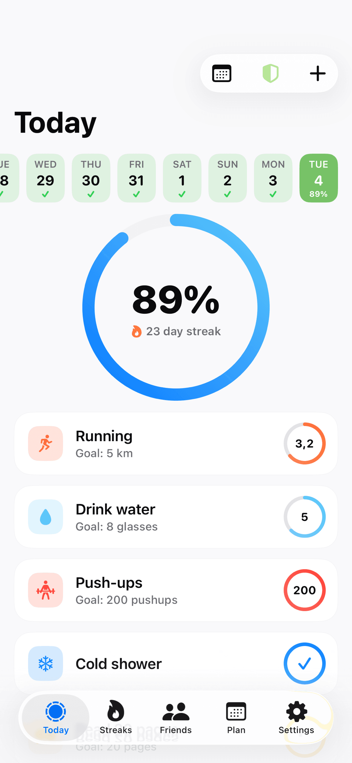 Outwork Today in list layout, light theme