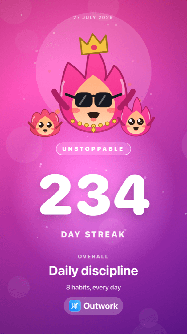 Share card: a 234-day streak with the UNSTOPPABLE rank badge and a dressed-up Flamie