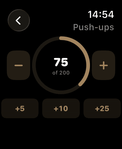 Outwork on Apple Watch showing a habit progress ring with quick-add buttons