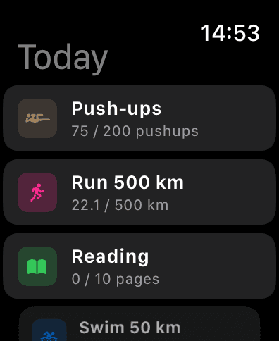 Outwork on Apple Watch showing the Today list of habits