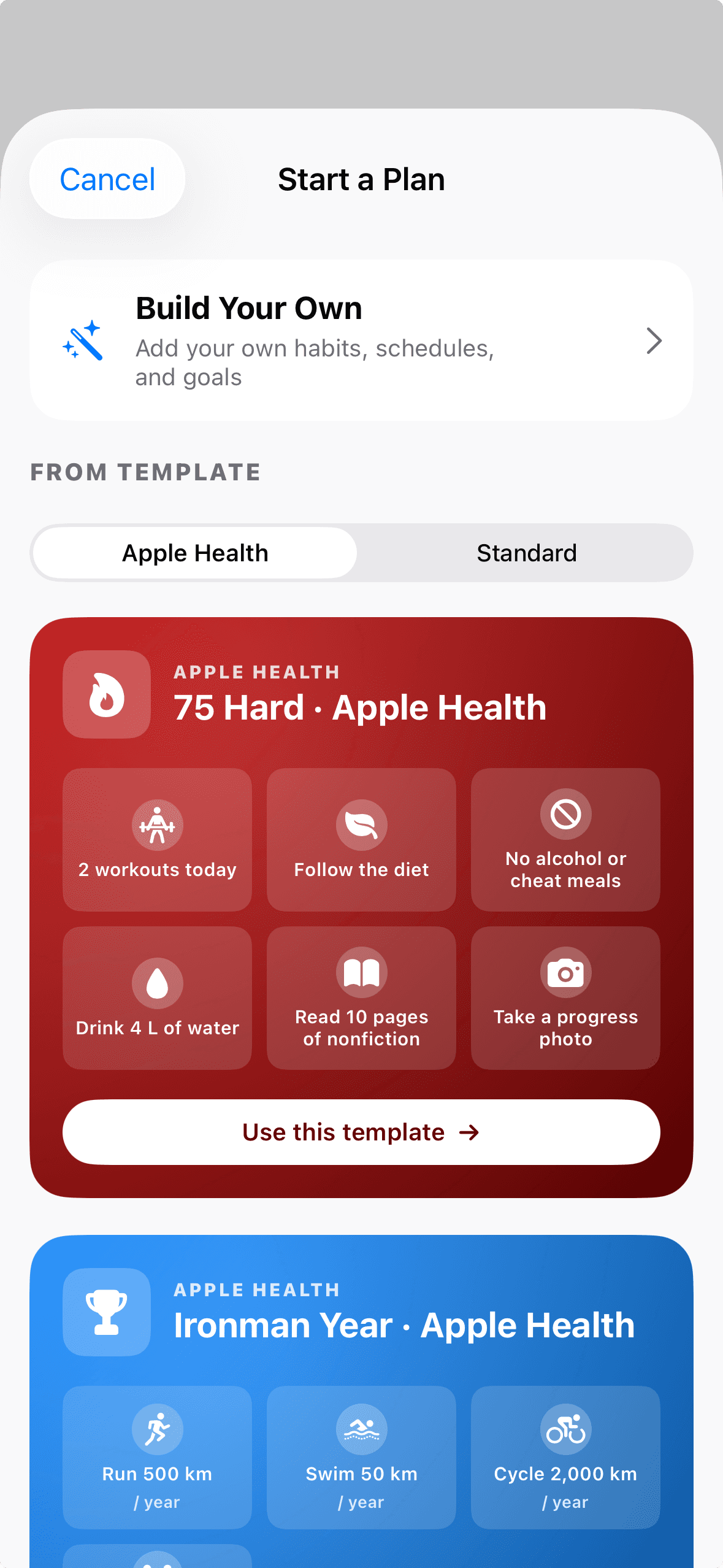 Outwork's Start a Plan screen with 75 Hard US and Metric templates